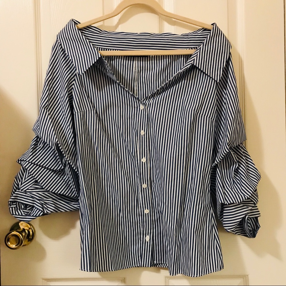 NWOT Zara Striped Blouse with Embellished Sleeves
